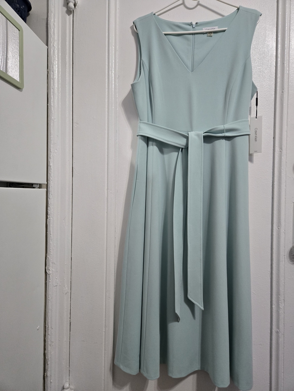 Calvin Klein Sleeveless V-Neck Belted Midi Dress in Pale Mint/Pale Aqua
